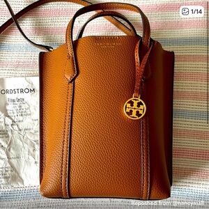 Tory Burch Cognac Pebbled Leather Mini Tote with Logo Charm